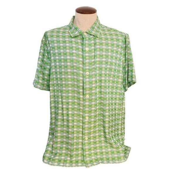Tommy Bahama Men's Green Plaid Short Sleeve Silk Button-Up Shirt XL